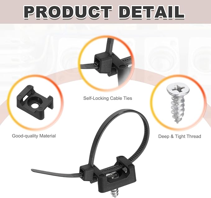 MECCANIXITY 60pcs 0.89" Cable Tie Saddle Type Mounts Base with 6" Cable Zip Ties and M5 Tapping Screws, Wire Organizer Holder Clamps Set, Black