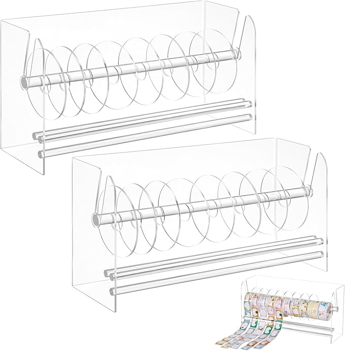2 Pcs Label Roll Holders, Transparent Acrylic Tape Dispensers, Adjustable Desktop Sticker Roll Holders for Office and Home, Clear Sticker Roll Holders with Removable Divider Disks