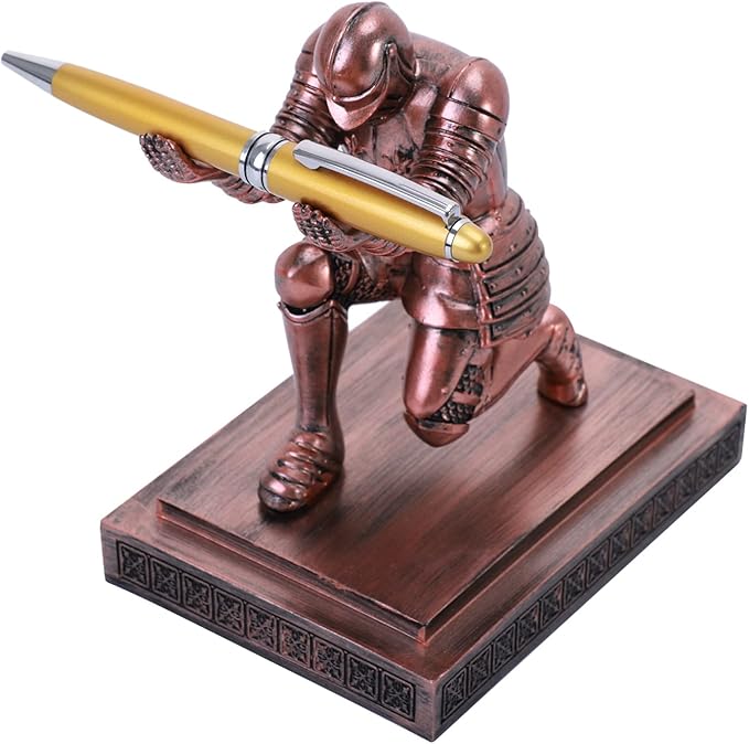 Knight Pen Holder Desk Ornament Resin Pencil Holders Desk Accessories and Organizer For Men with a Cool Pen (Bronze)