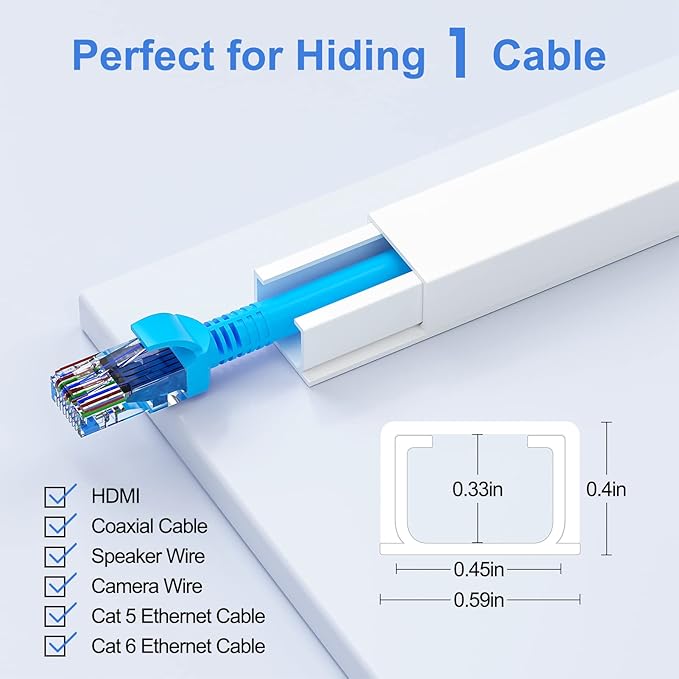 Yecaye Cord Hider, 113in One-Cord Cable Concealer, Cord Covers for Wires on Wall, Easy Install Cable Management Kit for 2 Small Wires, Cables Raceway Home Office, W0.59in H0.4in, White