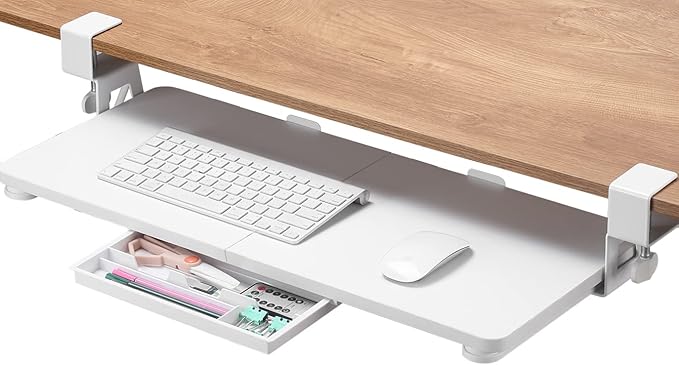 ETHU Keyboard Tray Under Desk, 26.77" X 11.81" Large Size Keyboard Tray with C Clamp-on Mount Easy to Install, Computer Keyboard Stand, Ergonomic Keyboard Tray for Home and Office(White)