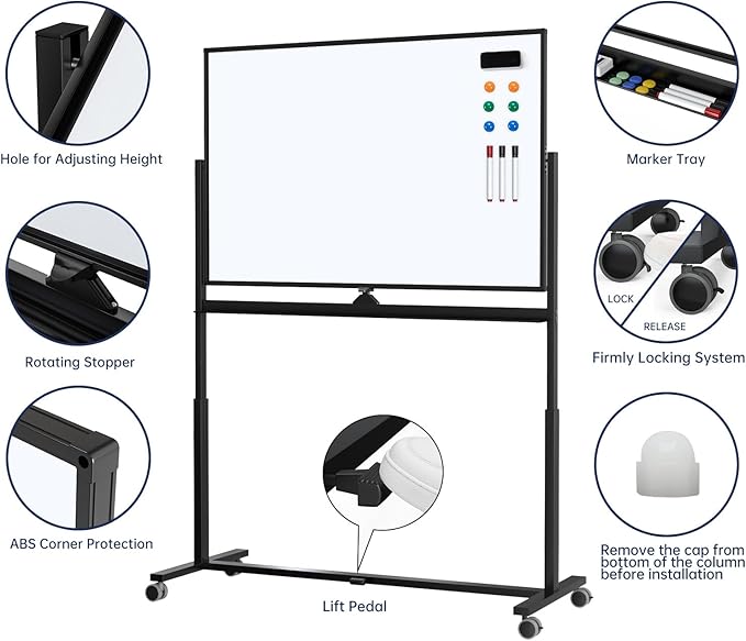 Large Dry-Erase Rolling Magnetic Whiteboard - TSJ OFFICE 48 x 32 Inches Dry Erase Board with Stand Height Adjust Double Sides Mobile White Board Easel on Wheels Office, Home & Classroom