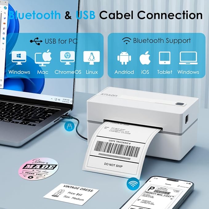 Bluetooth Thermal Shipping Label Printer, 4x6 Portable Thermal Address Label Printer for Small Business, Compatible with iPhone,Android,Windows,Mac–Works with Ebay Shopify USPS&More, White
