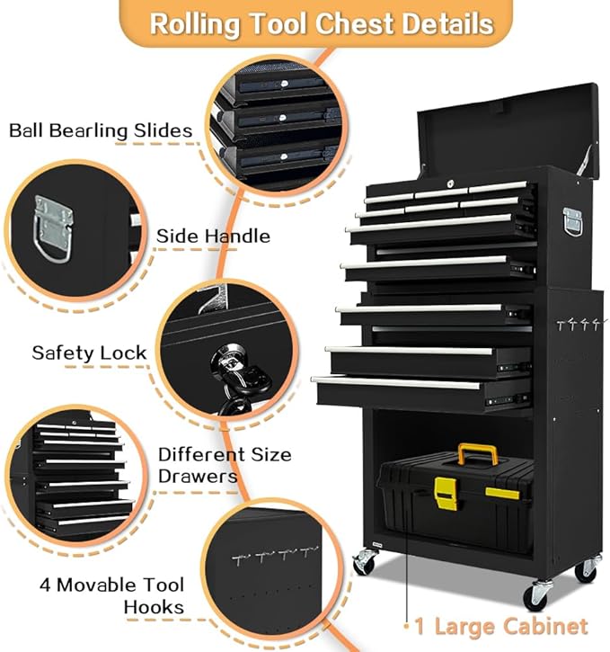13-Drawer Tool Chest with Tool box and wheels, Large Detachable Tool box with Sliding Drawers, Mechanic Storage Cabinets, Metal Tool Cart for Garage Workshop (BLACK)