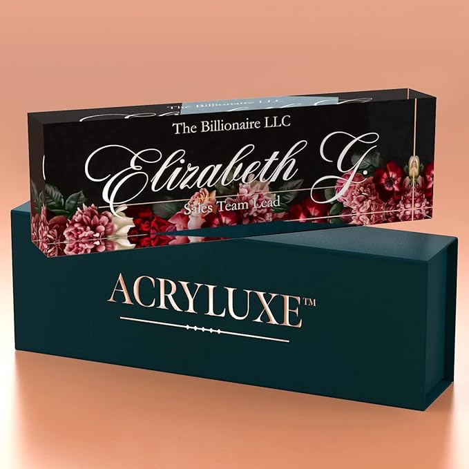 Desk Name Plate Personalized, Custom Name Plates, 2½/x8 Inches, Thick Crystal-Clear Acrylic, Gift Box, Office Desk Decor. USA Made by ACRYLUXE (Florist)