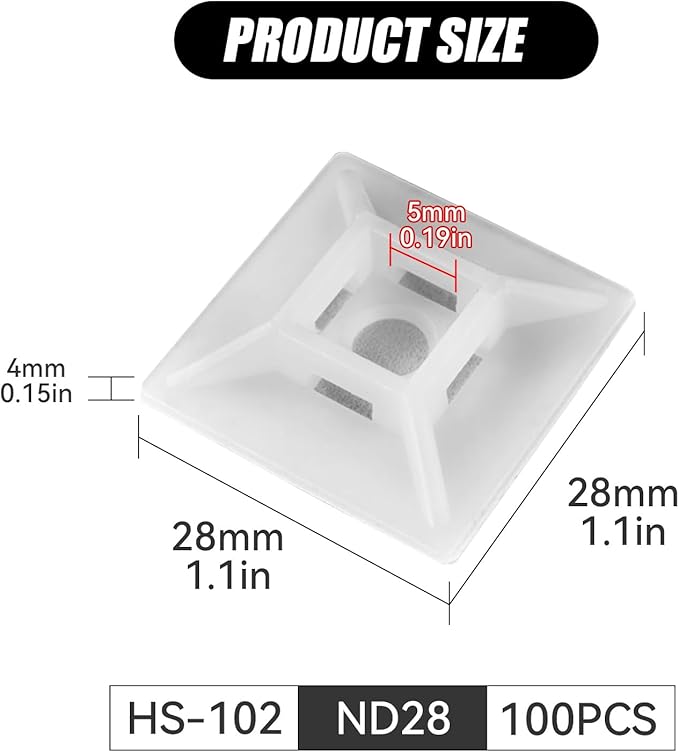 100Pcs Adhesive Zip Tie Mount, 1.1in White Cable Tie Mount, Plastic Zip Tie Mounting Squares, Sturdy Zip Tie Sticky Mounting Pads for Cable Organizer (White, 1.1"-100pcs)