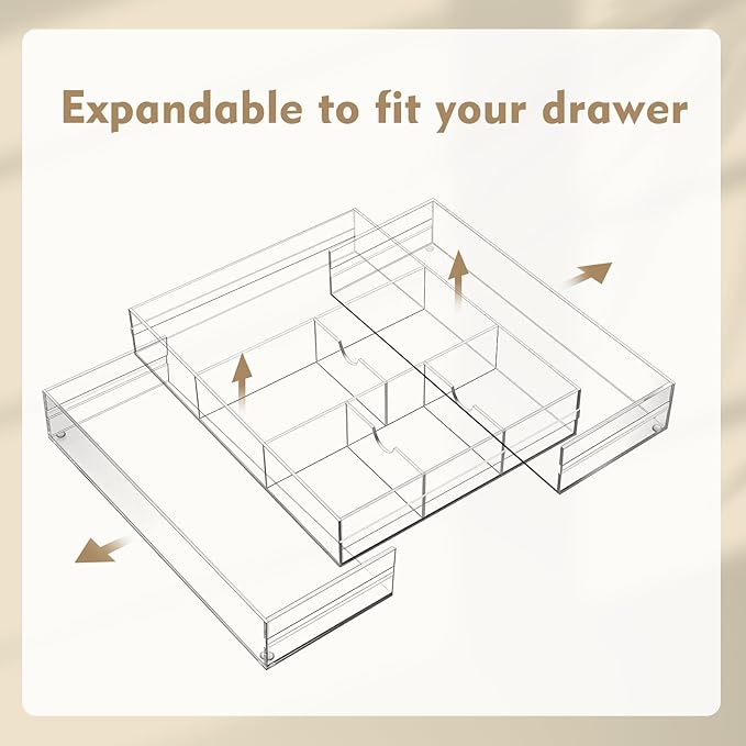 1 Pcs Acrylic Desk Drawer Organizer 2 Inch Height Expandable Drawer Organizer Trays with Adjustable Compartments Desk Accessories for Makeup Silverware Office Bathroom(Clear, Classic)