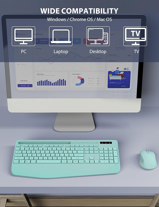 Wireless Keyboard and Mouse Combo - Full-Sized Ergonomic Keyboard with Wrist Rest, Phone Holder, Sleep Mode, Silent 2.4GHz Cordless Keyboard Mouse Combo for Computer, Laptop, PC, Mac, Windows (Green)