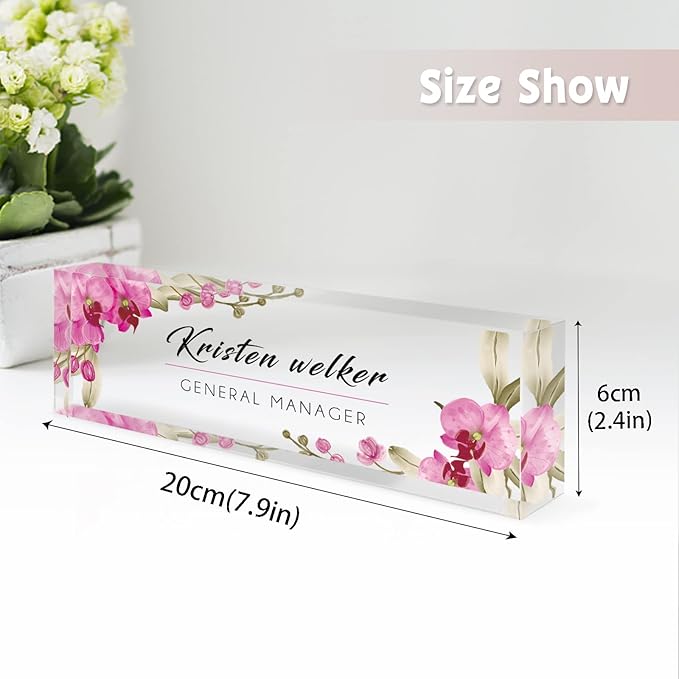 Desk Name Plate Personalized, Custom Name Plates for Desks, Office Desk Decor, Orchids Style Clear Acrylic Glass Block, Personalized Office Gifts for Women Men Boss Teachers Coworker Appreciation Gift