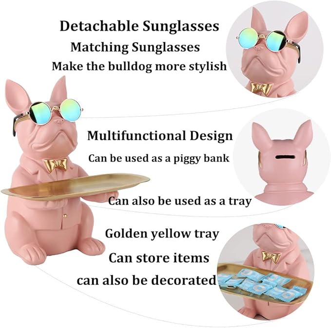 Modern Bulldog Statue in Pink Resin - Piggy Bank Key Holder Storage, Candy & Jewelry Tray for Home Decor, Dining Table, Office