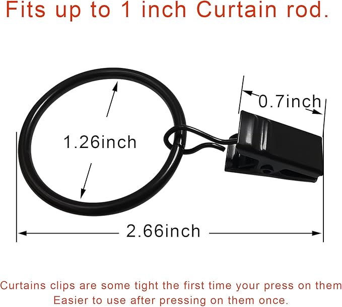 LLPJS 40 Pack Curtain Rings with Clips, Curtain Clip Rings Hooks, Bow Hanger Clips for Hanging Drapery Drapes Bows, Ring 1.26 inch Interior Diameter, Fits up to 1" Rod, Black