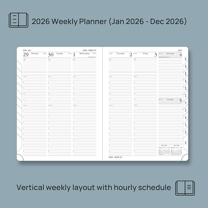 POPRUN 2026 Planner (Medium - 6.5'' x 8.5'') - 2026 Weekly Calendar ((Jan. 2026 - Dec. 2026) with Hourly Time Slots, Weekly/Monthly Appointment Book for Time Management - Leather Soft Cover - Purple