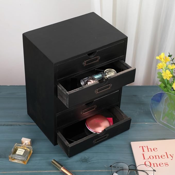 Wooden Storage Box with 5 Drawers Apothecary Drawers Vintage Wooden Drawers Wood Desktop Organizer with Drawers Countertop Drawers Library Card Catalog Cabinet Apothecary Cabinet （BLACK）