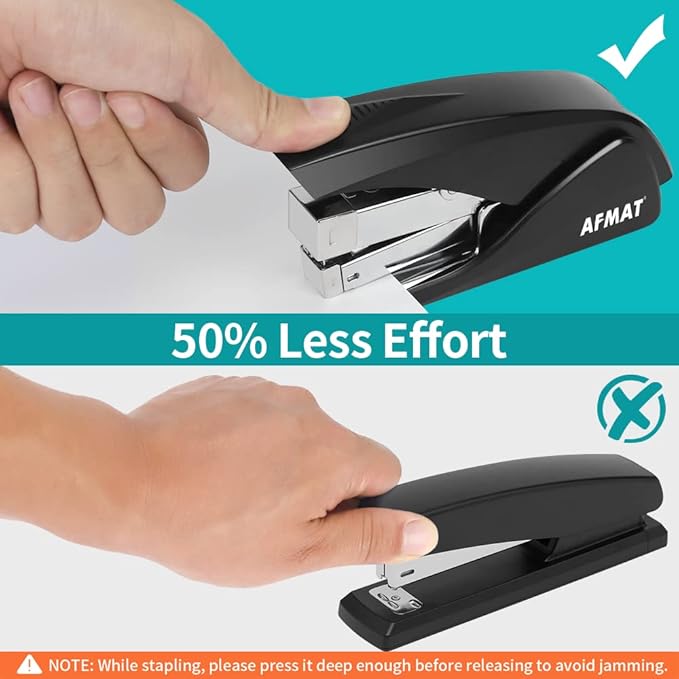 AFMAT Stapler for Desk, 50 Sheet Effortless Desktop Stapler Staple with One Finger, Portable Ergonomic Handheld Staplers Heavy Duty, Built-in Remover, Space Save Size, Good for Home & Office ES10