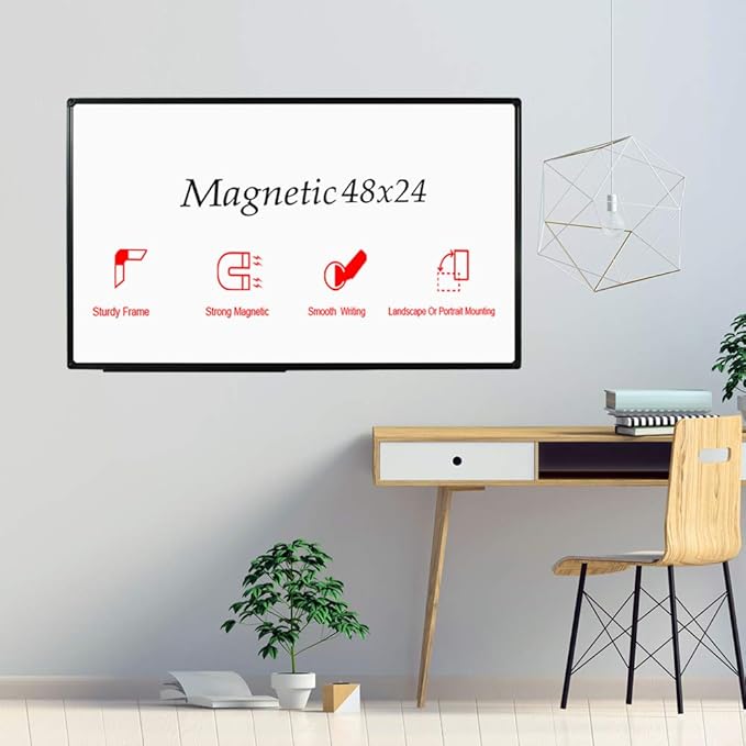 JILoffice Magnetic Whiteboard/White Board, Dry Erase Board 48 x 24 Inch, Black Aluminum Frame Wall Mounted Board for Office Home and School