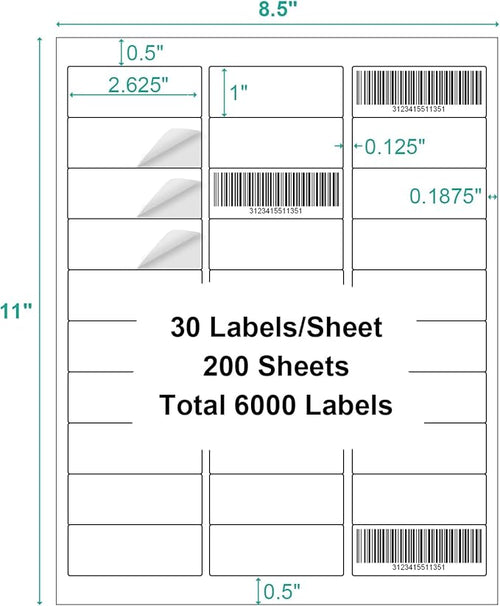 200 Sheets 6000 Counts Address Labels Sticker for Laser & Inkjet Printer, 1" x 2-5/8" White Blank Printable Shipping Address Labels, Strong Adhesive