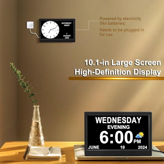 CAZOKASI Extra Large Impaired Vision Digital Alarm Clock with Day and Time for Elderly Calendar Clock Auto Dimmable Clock (10.1 Inch Black)