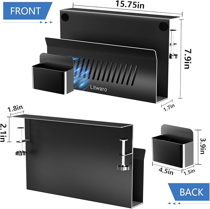 Litwaro Desk Side Storage Organizer, No Drill Laptop Holder Clamp on Desk Shelf with Magnetic Pen Holder, Hanging Organizer Fits Flat Edge Desks 0.4" to 2.1" (Black)