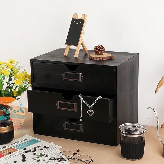 Wooden Storage Box Rustic Desktop Organizer with 3 Drawers Office Desk Accessories Shelf Large Craft Storage Containers Apothecary Cabinet and Chest Jewelry Holder for women(BLACK)