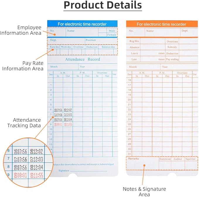 TooCust 100-Piece Time Cards for Employees, Monthly Time Cards 2-Sided, 2-Color Timecards for Time Clocks, Blue/Orange Print, 7-3/8 x 3-3/8 Inch