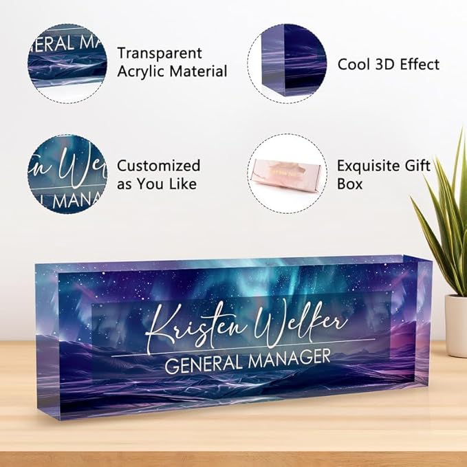 Desk Name Plate Personalized Name Plate for Desk, Office Desk Decor, 3D Style Personalized Plaque Name Plates for Desks Custom Appreciation Gifts for Boss Lady Employee Coworkers (Aurora Polaris)