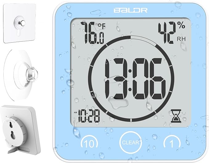 Baldr Shower Clock Waterproof Bathroom Clock with Timer/Temperature/Humidity, Digital Timers for Kids and Adults, Bath Kitchen Study, Blue