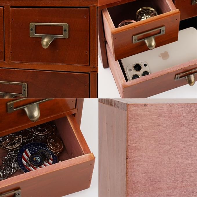 Apothecary Drawers Wooden Storage Box with 6 Drawers Vintage Countertop Wooden Drawers Apothecary Cabinet Library Card Catalog Cabinet （BROWN）