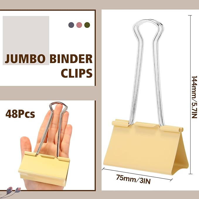 Jetec 48 Pcs 3 Inch Jumbo Binder Clips Extra Large Binder Clips Bulk Colored Big Heavy Duty Metal Giant Large Paper Clamps for Office and Home Supplies Organization Kitchen Food Bags Drawing