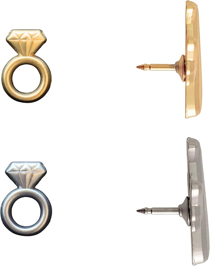 Engagement Ring Push Pins - Gold Diamond Ring Map Pins for Cork Boards, Maps, or Lapel Use - Designed in USA - Set of 4