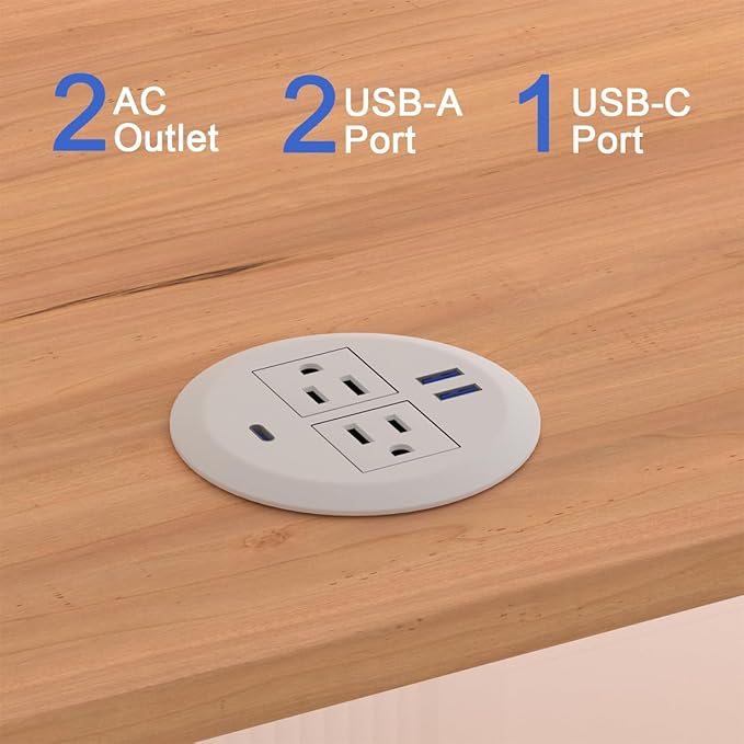Desktop Power Grommet 3 Inch,20W Fast Charging USB C.Recessed Outlet Desktop Power Center for Workspace,Sofa,Shelf,Fits 3-1/8" Round Desk Grommet Holes,6.56FT Power Cord,White