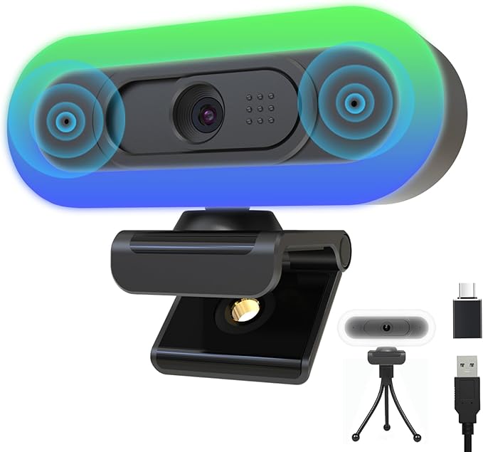Hrayzan 2K USB C Camera Autofocus PC Webcam with Dual Microphones/Ring Light/Fill RGB Light/Cover, 65°FOV, Plug and Play Web-Cam Streaming Web Camera for Desktop Computer Laptop Mac Zoom