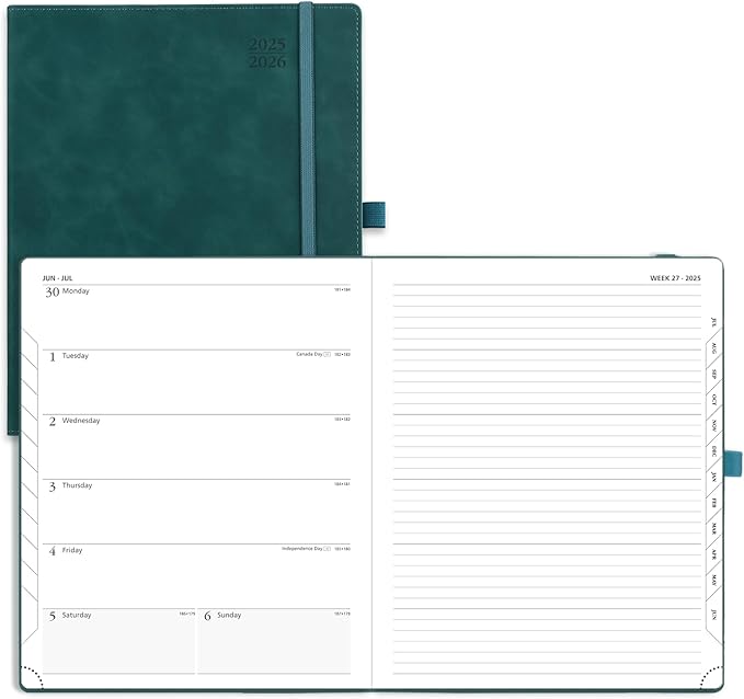 POPRUN Weekly Planner 2025-2026 (Large 8.5''x 10.5'') Academic Calendar (JUL.25 - JUN.26) Appointment Book with Monthly Tabs, Leather Soft Cover, Inner Pocket, 100 GSM - Petrol Green