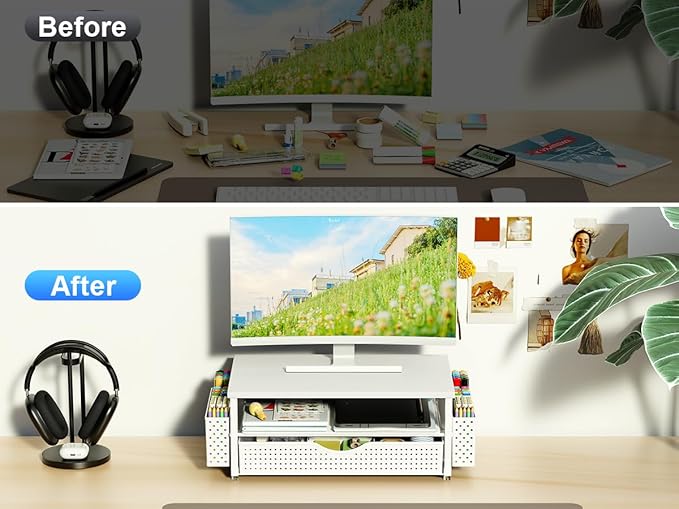 Spacrea Desk Organizer and Accessories, Computer Monitor Stand Riser with Drawer and 2 Pen Holders, Office Desk Accessories & Workspace Organizers for Office Supplies (White)