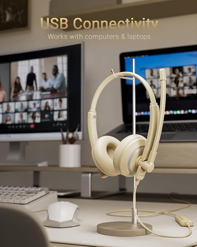 awatrue USB Headset with Microphone for PC Laptop - Headphones with Noise Cancelling Microphone for Computer,On-Ear Wired Office Call Center Headset for Boom Skype Webinars,Lightweight-Apricot