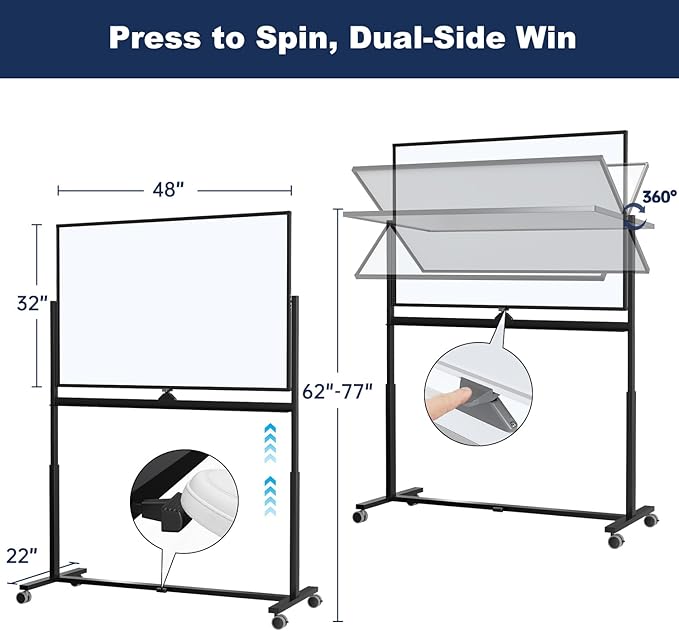 Large Dry-Erase Rolling Magnetic Whiteboard - TSJ OFFICE 48 x 32 Inches Dry Erase Board with Stand Height Adjust Double Sides Mobile White Board Easel on Wheels Office, Home & Classroom
