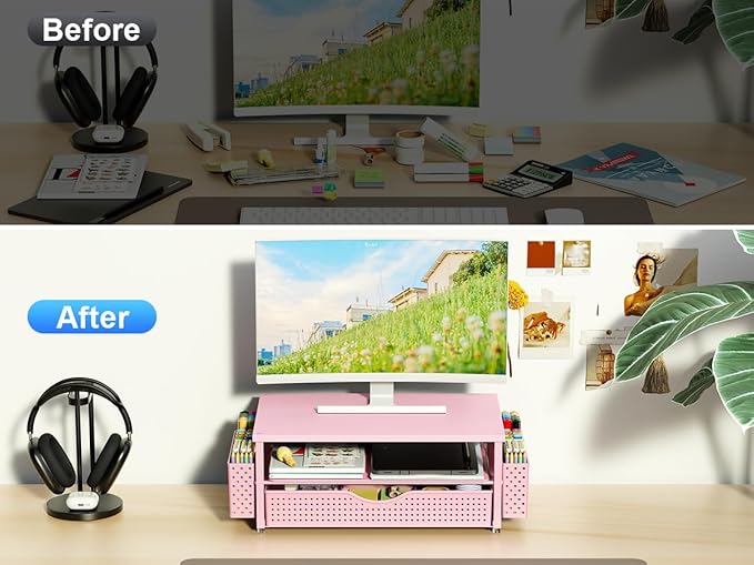 Spacrea Desk Organizer and Accessories, Computer Monitor Stand Riser with Drawer and 2 Pen Holders, Office Desk Accessories & Workspace Organizers for Office Supplies (Pink)