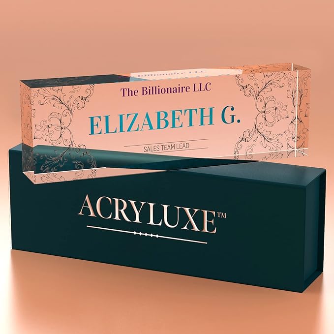 Desk Name Plate Personalized, Custom Name Plates 2½/x8 Inches, Thick Crystal-Clear Acrylic, Gift Box, Office Desk Decor. USA Made by ACRYLUXE (Belvedere)