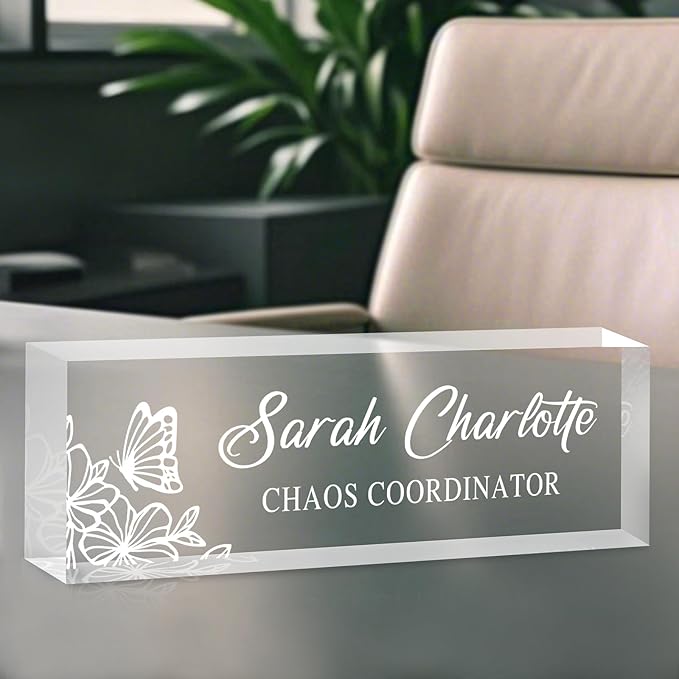 Custom Name Plate for Desk, Personalized Desk Name Plate on Clear Acrylic Glass, Appreciation Gifts for Teacher Employee Boss Coworkers Nurse, Office Desk Accessories for Women Men (Engraved Garden)