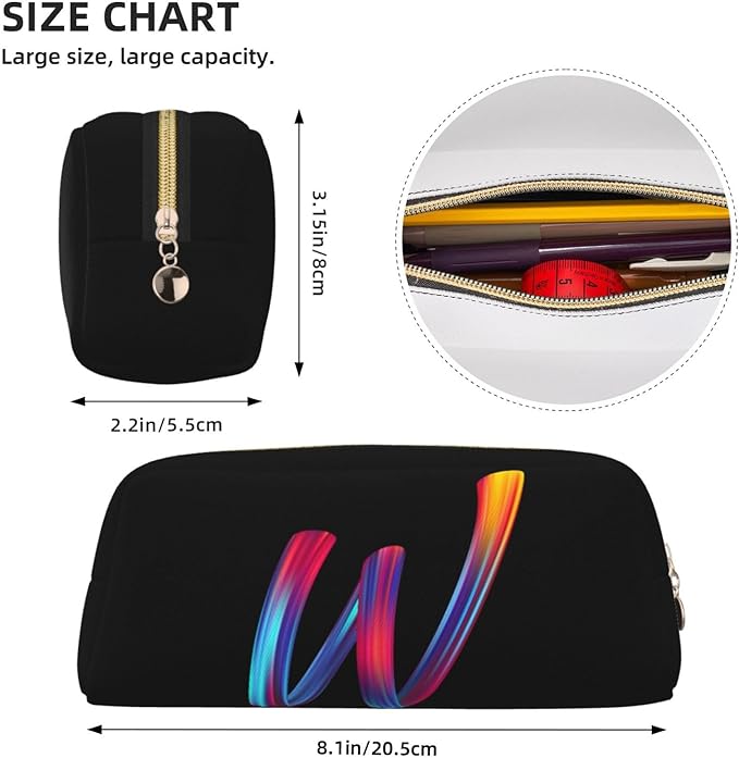 Cute Initial Pencil Case for Kids Simple Leather Pencil Pouch for Boys Girls Letter Design Pencil Box Pen Bag Pencil Pouch Office Stationery Organizer, Rainbow Letter W