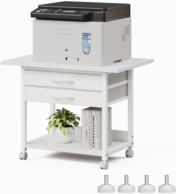 Large Printer Stand with Storage Fabric Drawer Under Desk Printer Table with Wheels for Home Office, Printer Cart fit Fax Machine Scanner 23.4"x15.7" (White, 2 Tiers)