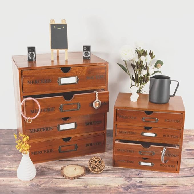 Wooden Storage Box with 4 Drawers Vintage Office Supplies and Accessories Letter Tray Wood Desktop School Supply Organizer Library Card Catalog Cabinet with Lables Rustic Jewelry Box (BROWN)