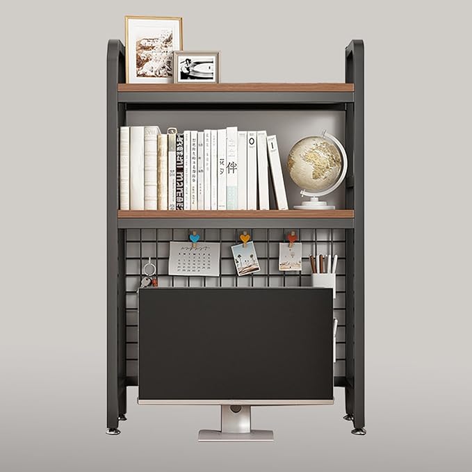 Desk Shelf Bookcase 2-Tier Metal Desktop Bookshelf Hutch with Grid Panel and DIY design possible Multipurpose Storage Organizer Display Rack for Dorm Office Home Computer Desk(Black 21.7"×7.9"×38.6")