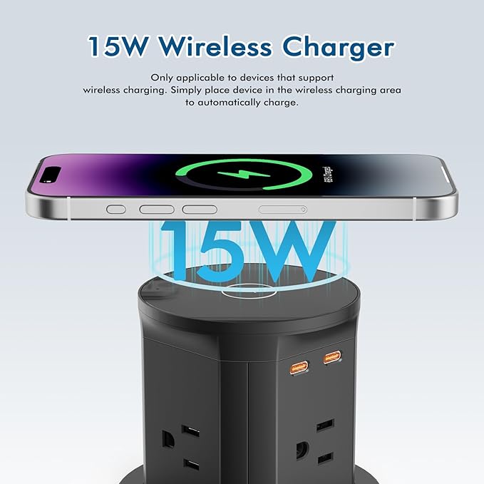 BTU Pop Up Outlet for Kitchen Countertop with 15W Wireless Charger, 20W USB C Fast Charging & 4 AC Outlet, 3 3/8" Hole Desk Charging Station Pop Out Outlet for Office, Conference, Kitchen Use