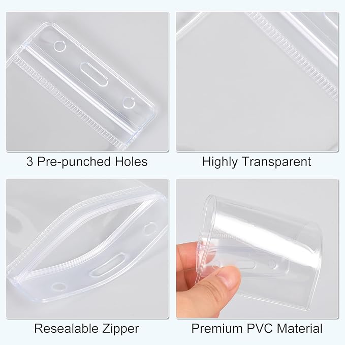 50 Pack ID Card Name Badge Holder Clear Vertical ID Badge Holder with Resealable Zip Waterproof Nametag Card Holder