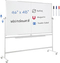 FORTUNO Large Magnetic Mobile Whiteboard 96"x48", Rolling Double Sided Stand Whiteboard on Wheels, Reversible Adjustable Height/Angle Dry Erase Board 8' x 4' Easel White Board for Office Classroom