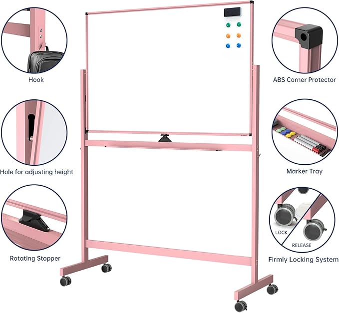 TSJ OFFICE Large Rolling Whiteboard - Dry Erase Magnetic 48 x 32 Inches White Board Height Adjust Double Sides Mobile Portable Easel on Wheels, Dry Erase Board with Stand for Office, Home & Classroom