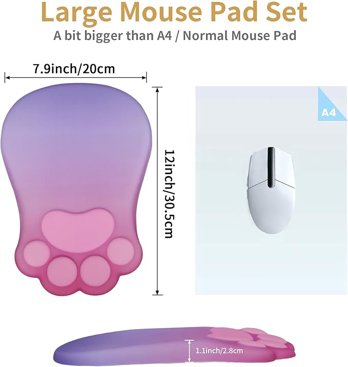 L-SPOUTTO Ergonomic Mouse Pad with Wrist Rest,Cute Cat Paw Mousepad Wrist Support,Comfortable Massage Design Computer Pain Relief Mouse Pad with Non-Slip PU Base for Desk Laptop Gaming,Pink&Purple