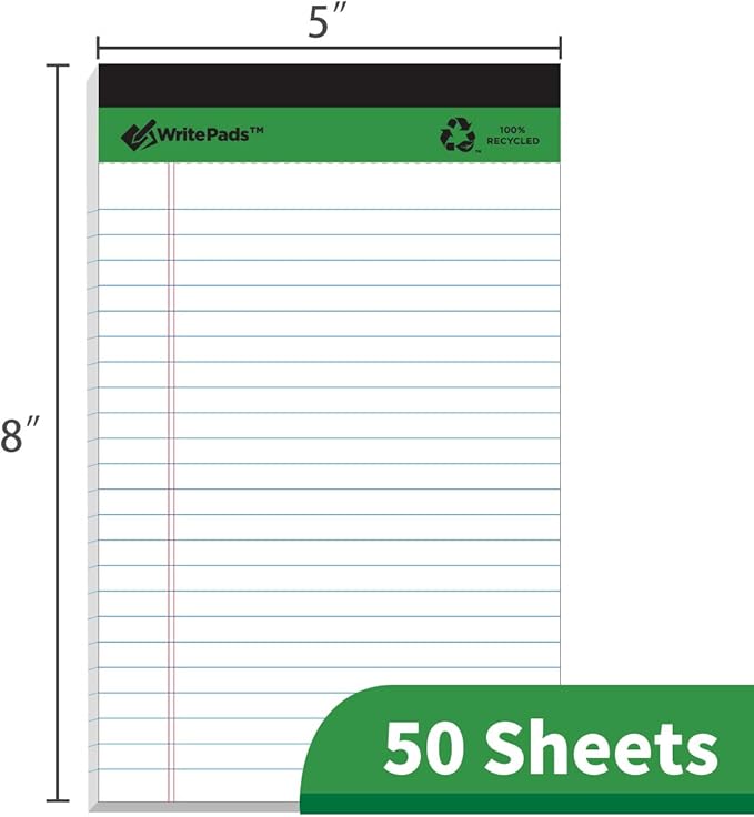 KAISA Small Legal Pads With Rigid Chipboard Back Support Thick Writing Pads Notepads 5"x8" Legal Pad 50sheets/Pad Perforated 20lb Recycled Paper Pads, 12pads,KSU-6924