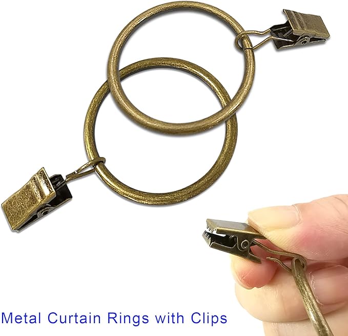 LLPJS 40 Pack Metal Curtain Rings with Clips, Drapery Clips with Rings, Curtain Rod Clips Hooks, Decorative Windows Hanging Curtain Hangers, 1.5 Inch Interior Diameter, Bronze