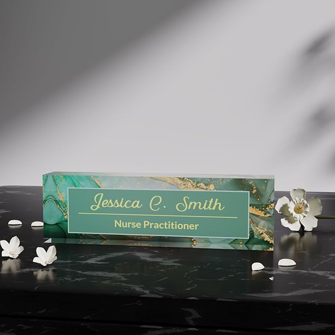 Office Desk Name Plate Personalized, Custom Plates for Desks on Acrylic Glass, Decor Nameplate, Accessories, Personalized Gift Boss Coworkers (Green Marble),(731)